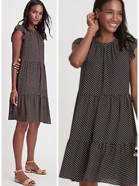 Ann Taylor Polka Dot Flutter Sleeve Tiered Swing Shift Dress Size MP EUC